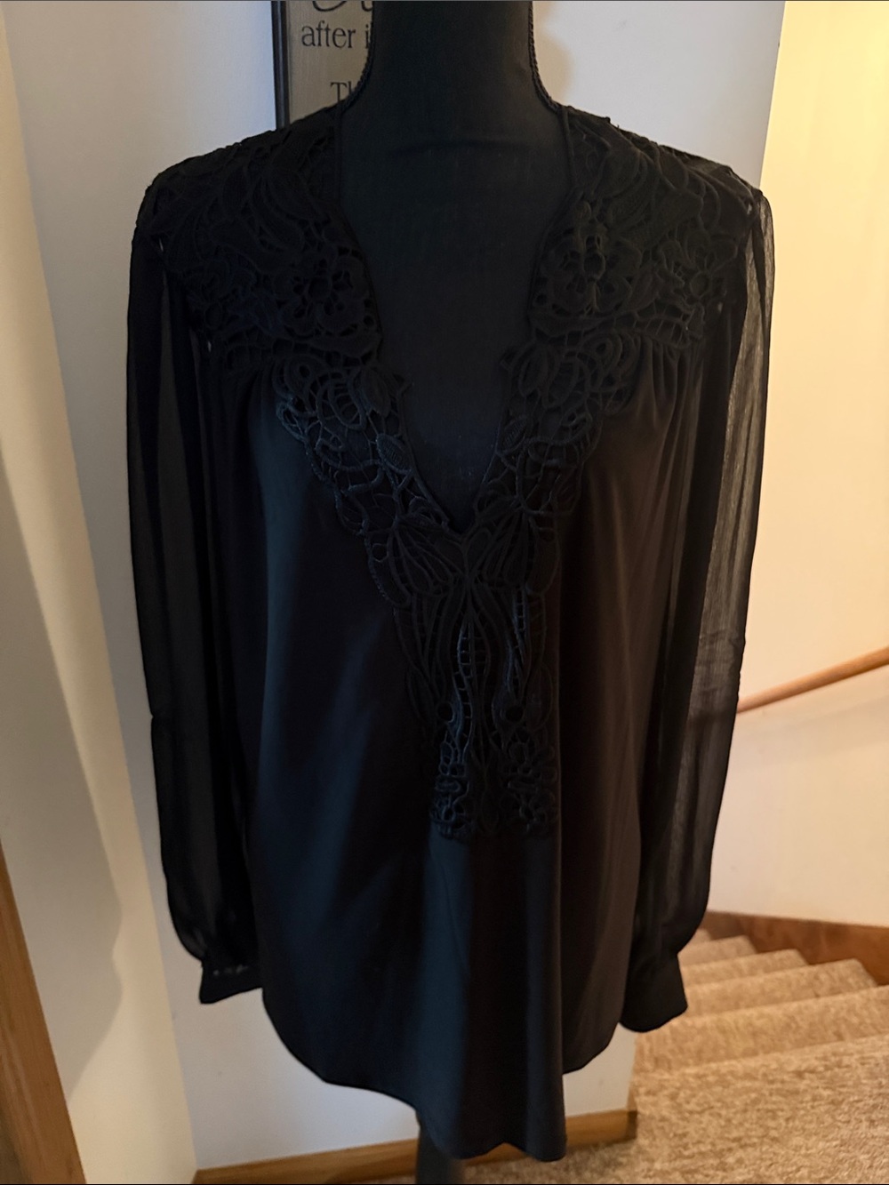 White House Black Market Black Lace-Trim V-Neck Blouse